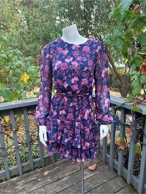 City Studio Floral Dress XS Navy Pink Long Sleeve Ruffle Hem Tie Waist (G-1788)